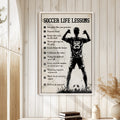Soccer life lessons wall art displayed in a bright home with white wood walls and neutral decor