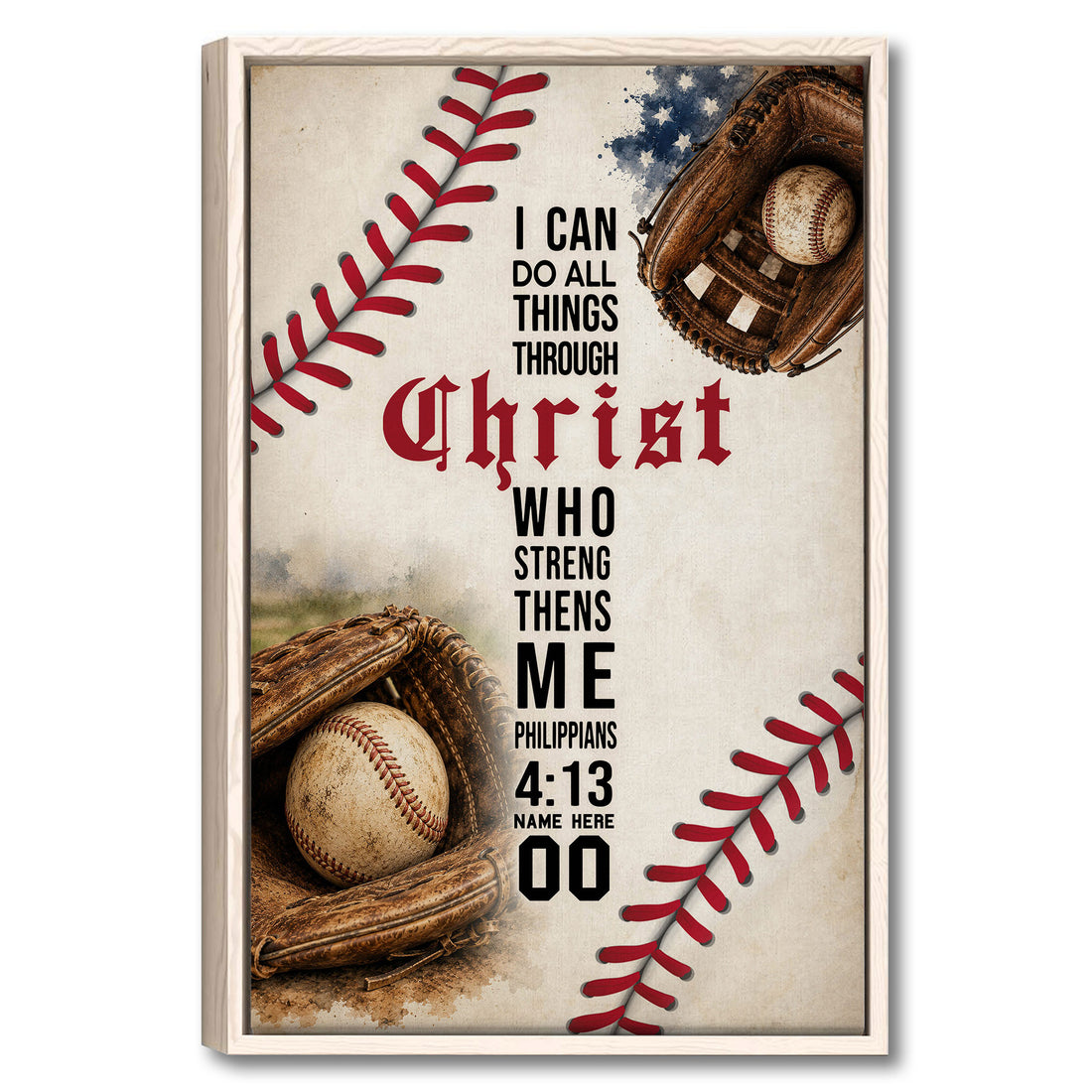 Framed baseball wall art with gloves, baseballs, red stitching, and a faith-inspired message