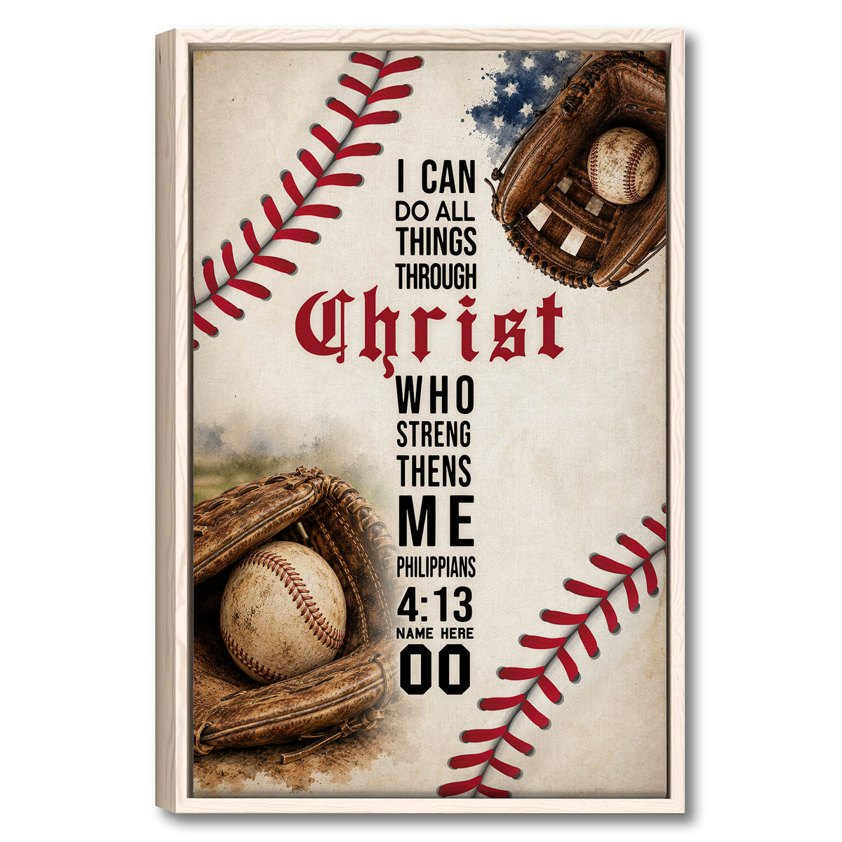 Framed baseball wall art with gloves, baseballs, red stitching, and a faith-inspired message
