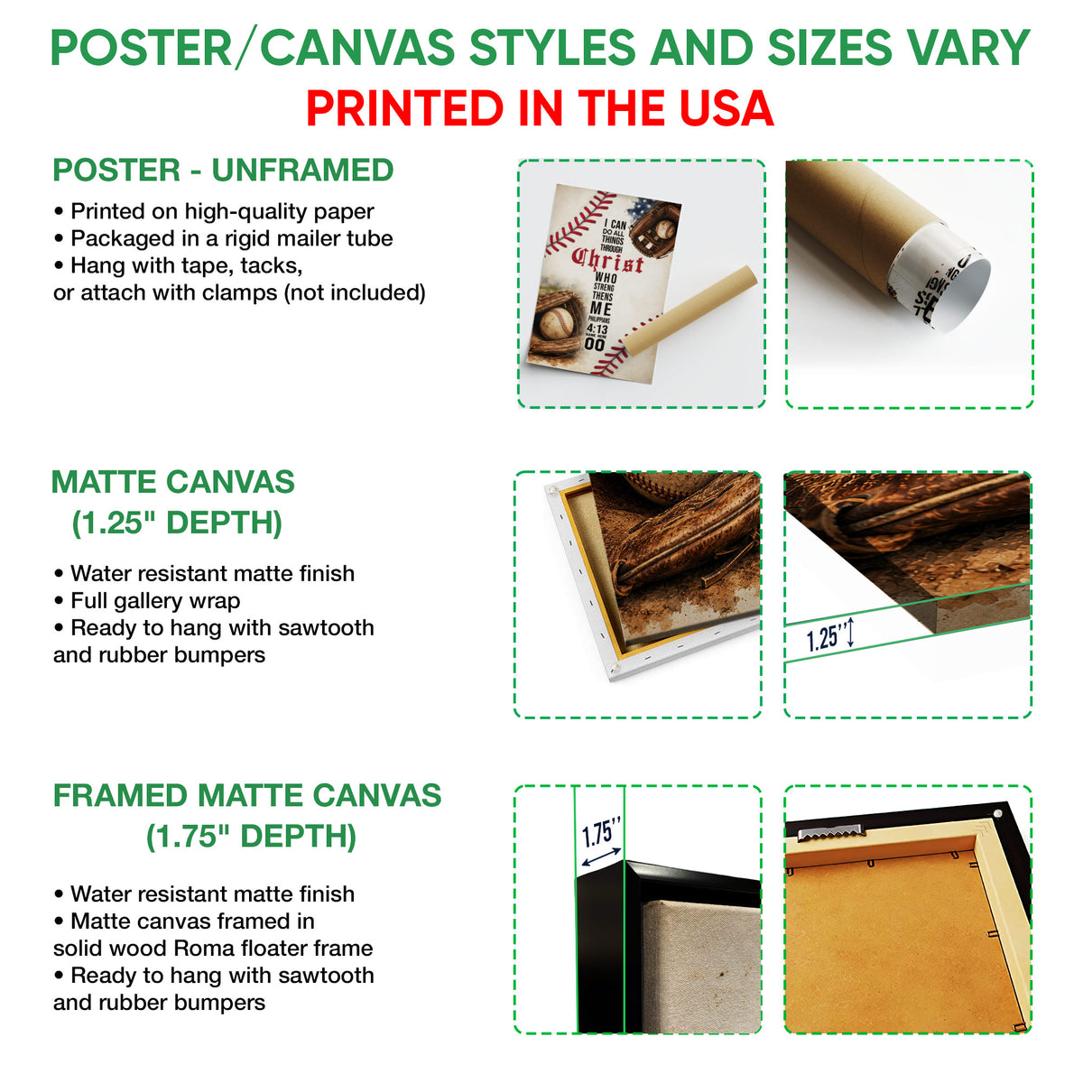 Poster and canvas wall art format guide showing unframed poster and canvas presentation options