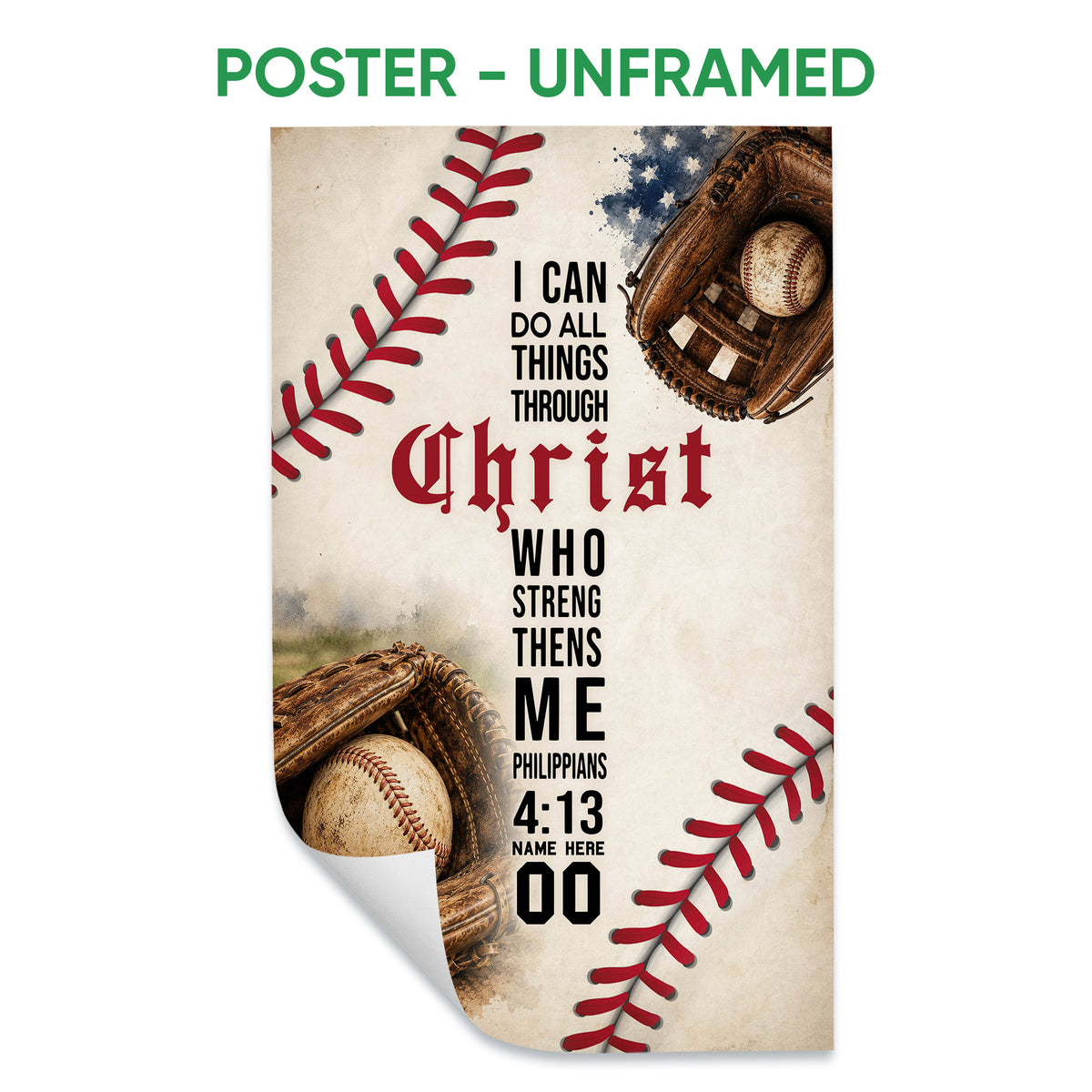 Unframed baseball poster featuring gloves, baseballs, red stitching, and faith-inspired artwork