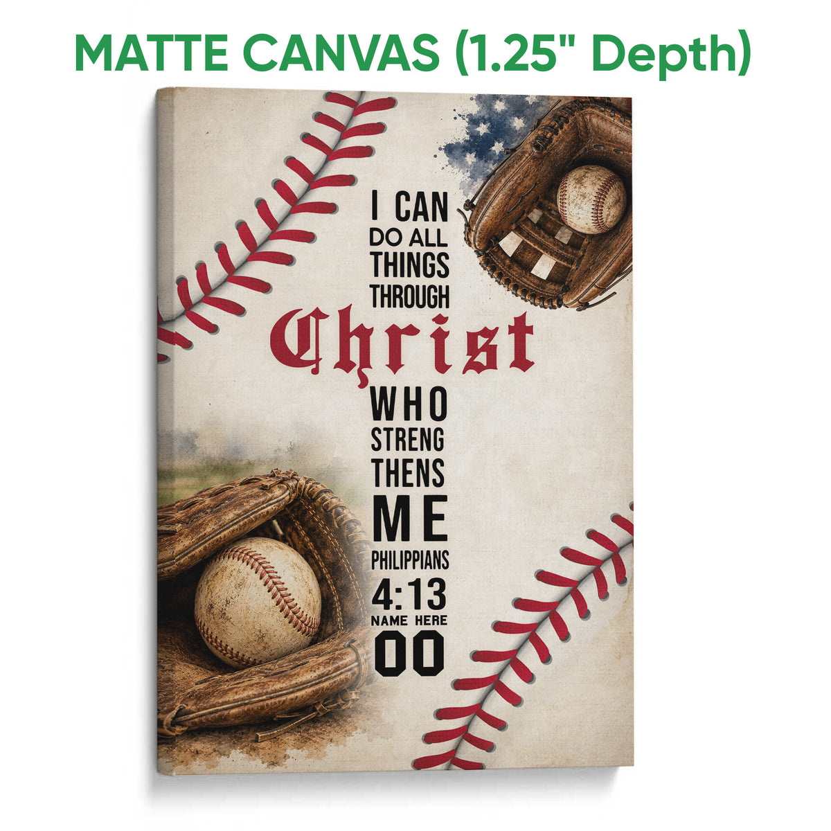 Matte canvas baseball wall art with vintage gloves, baseballs, red stitching, and bold lettering