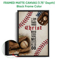 Black framed canvas baseball wall art with gloves, baseballs, and a faith-inspired sports message