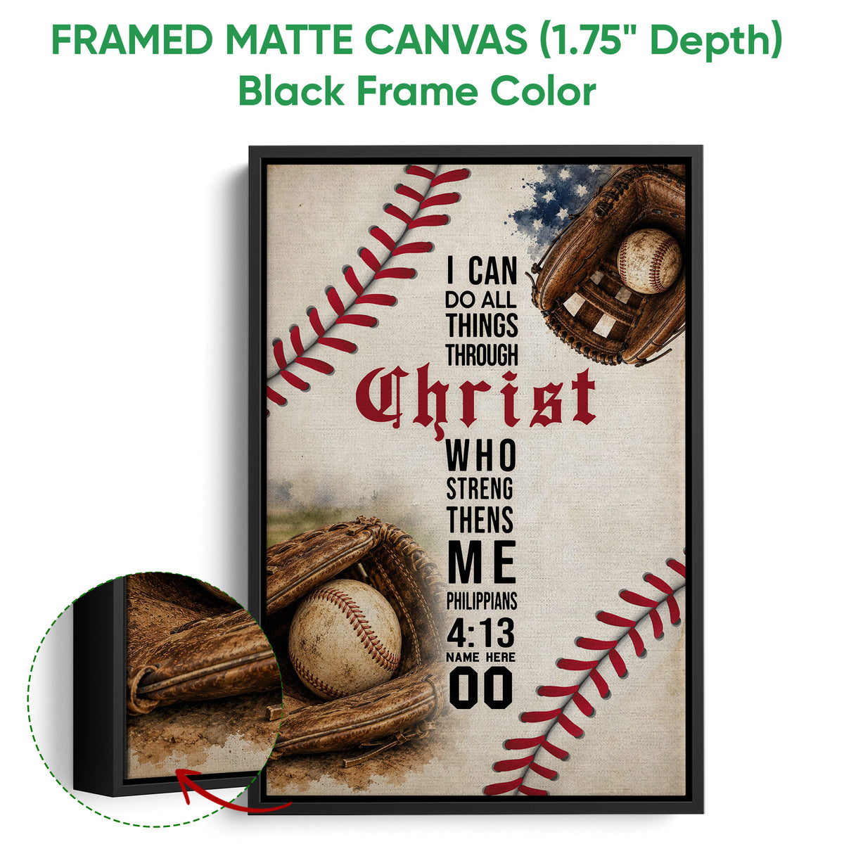 Black framed canvas baseball wall art with gloves, baseballs, and a faith-inspired sports message