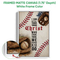 White framed canvas baseball wall art featuring vintage gloves, baseballs, and red stitching