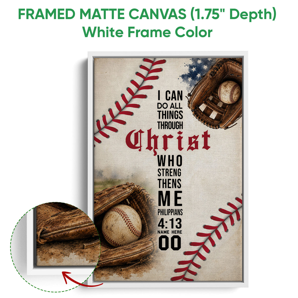 White framed canvas baseball wall art featuring vintage gloves, baseballs, and red stitching