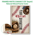 Natural wood framed baseball wall art with vintage gloves, baseballs, and red stitching