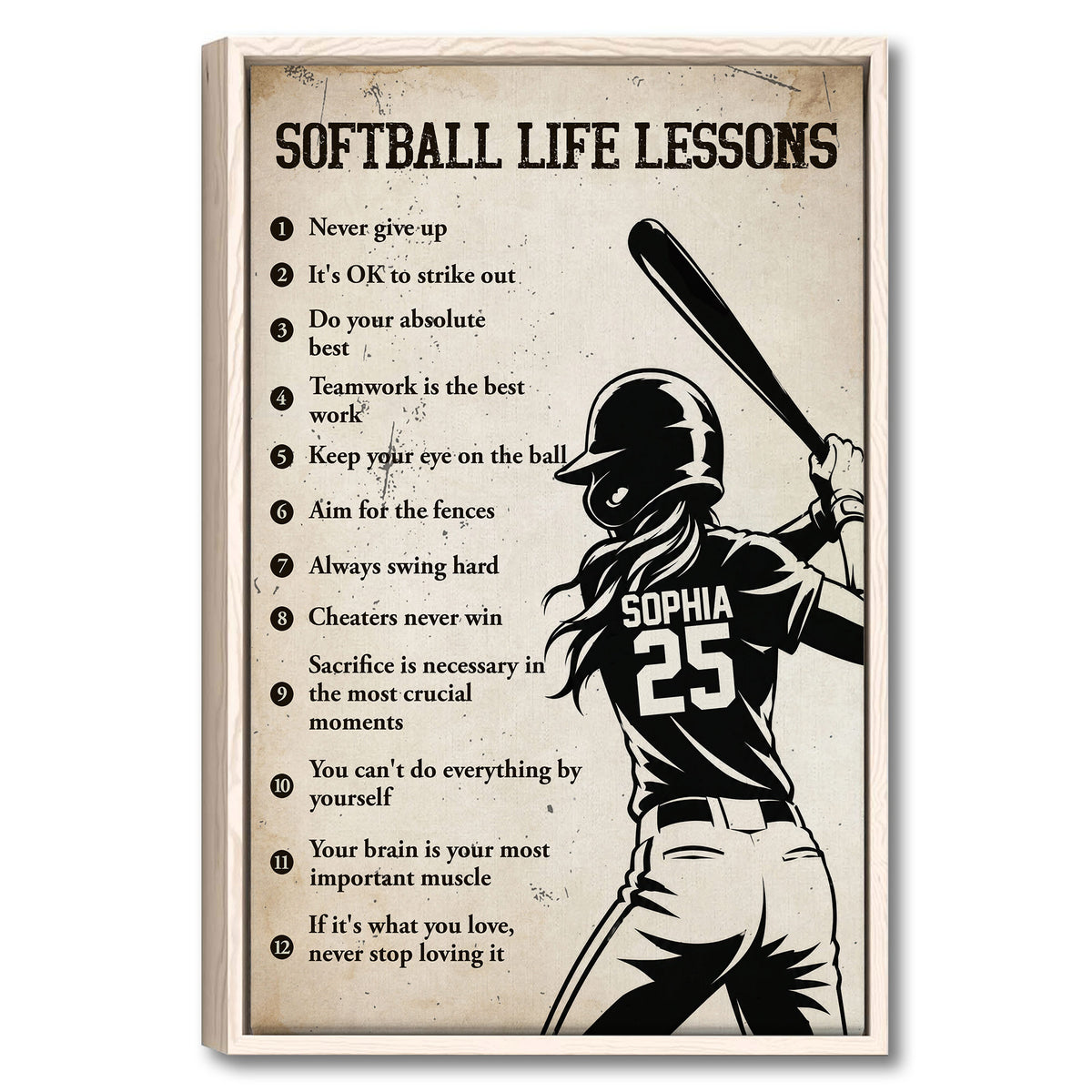Framed softball wall art featuring a vintage-inspired batter illustration and motivational life lessons
