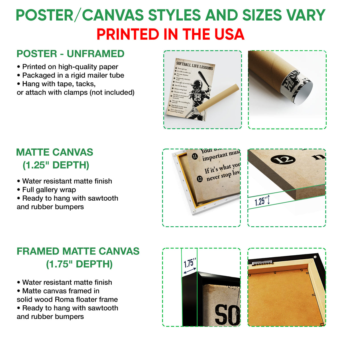 Poster and canvas wall art options guide showing unframed poster, matte canvas, and framed canvas formats