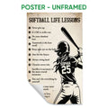 Unframed softball poster featuring a vintage-style batter illustration and numbered motivational lessons