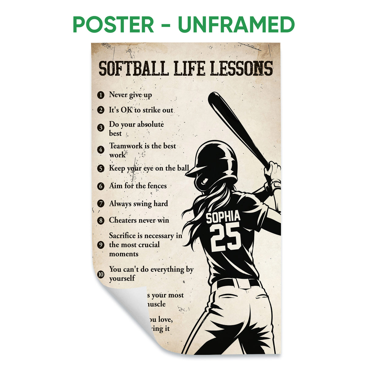 Unframed softball poster featuring a vintage-style batter illustration and numbered motivational lessons