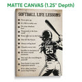 Matte canvas softball wall art showing a batter illustration, distressed background, and motivational message