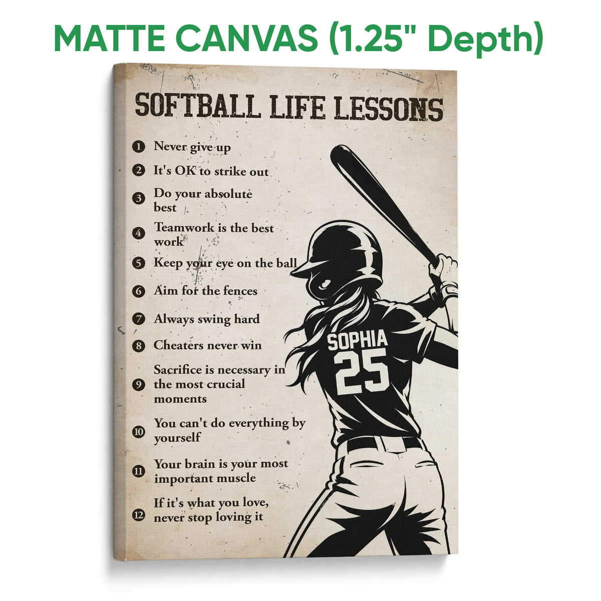 Matte canvas softball wall art showing a batter illustration, distressed background, and motivational message