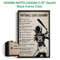 Black framed softball canvas wall art with a vintage batter illustration and detailed motivational design