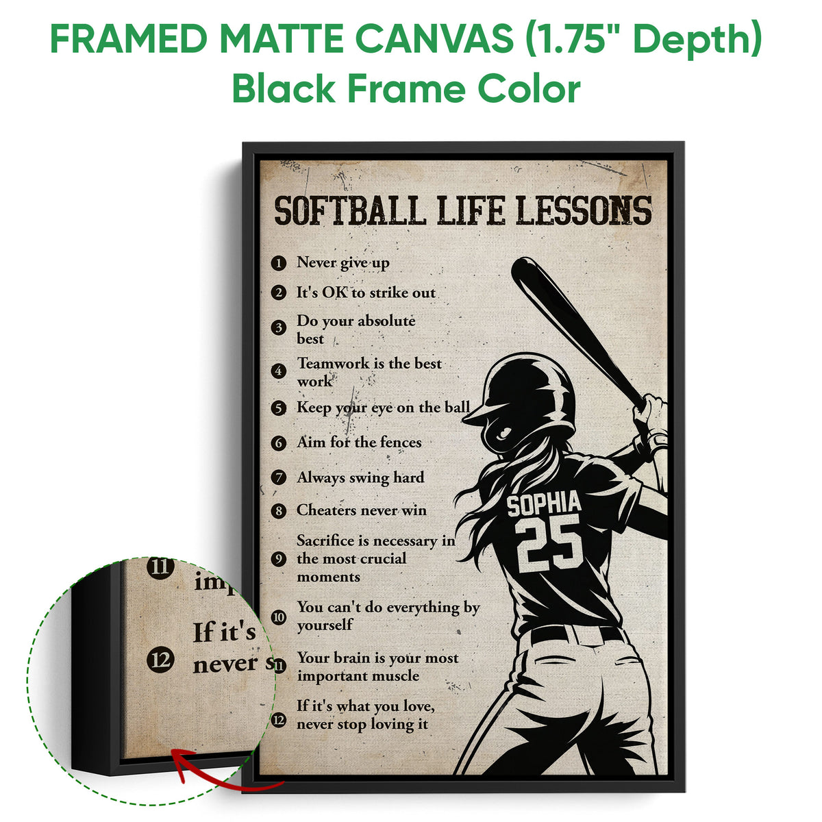 Black framed softball canvas wall art with a vintage batter illustration and detailed motivational design