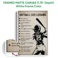 White framed softball canvas wall art featuring a batter illustration and distressed inspirational artwork