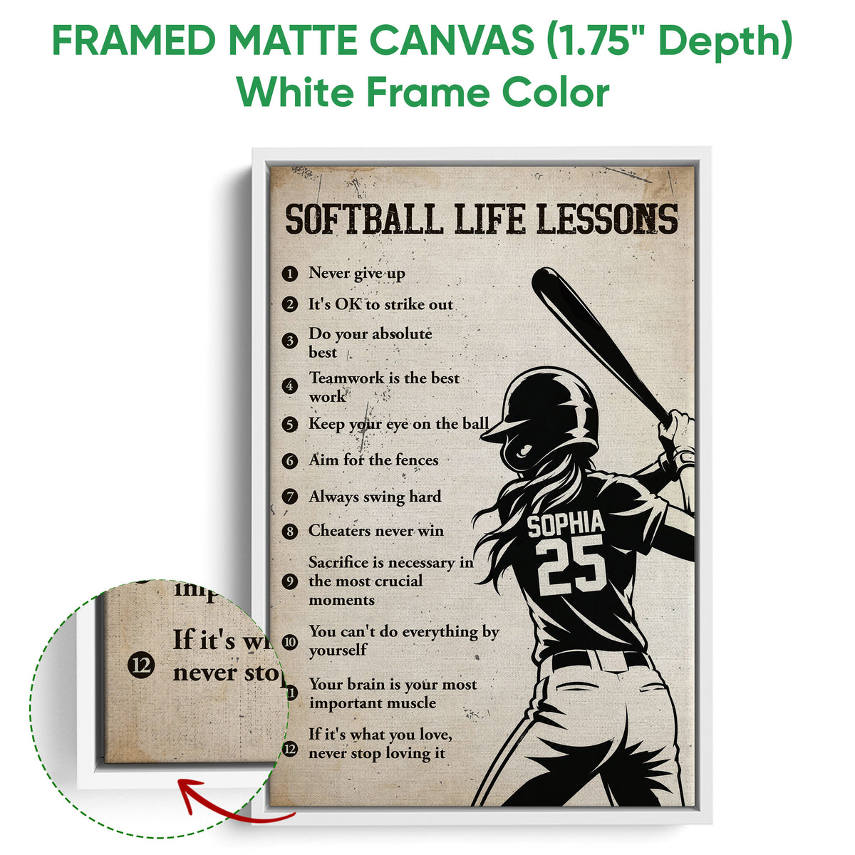 White framed softball canvas wall art featuring a batter illustration and distressed inspirational artwork
