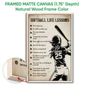 Natural wood framed softball wall art with a vintage batter illustration and motivational lesson design