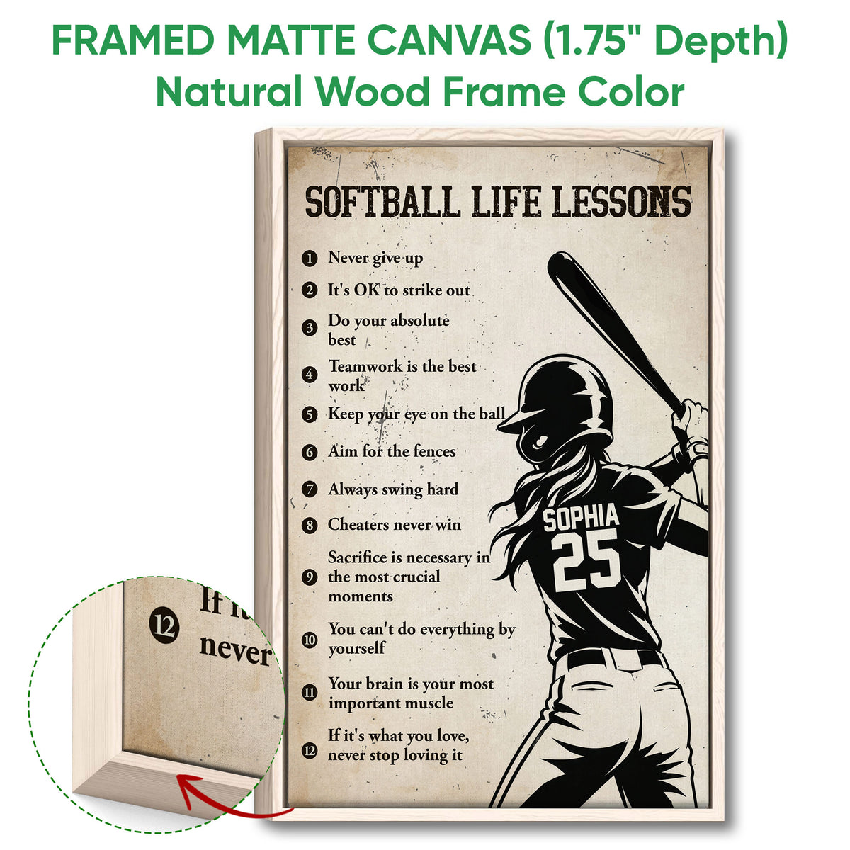 Natural wood framed softball wall art with a vintage batter illustration and motivational lesson design