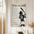 Softball life lessons wall art displayed in a bright room with white paneling and natural wood decor