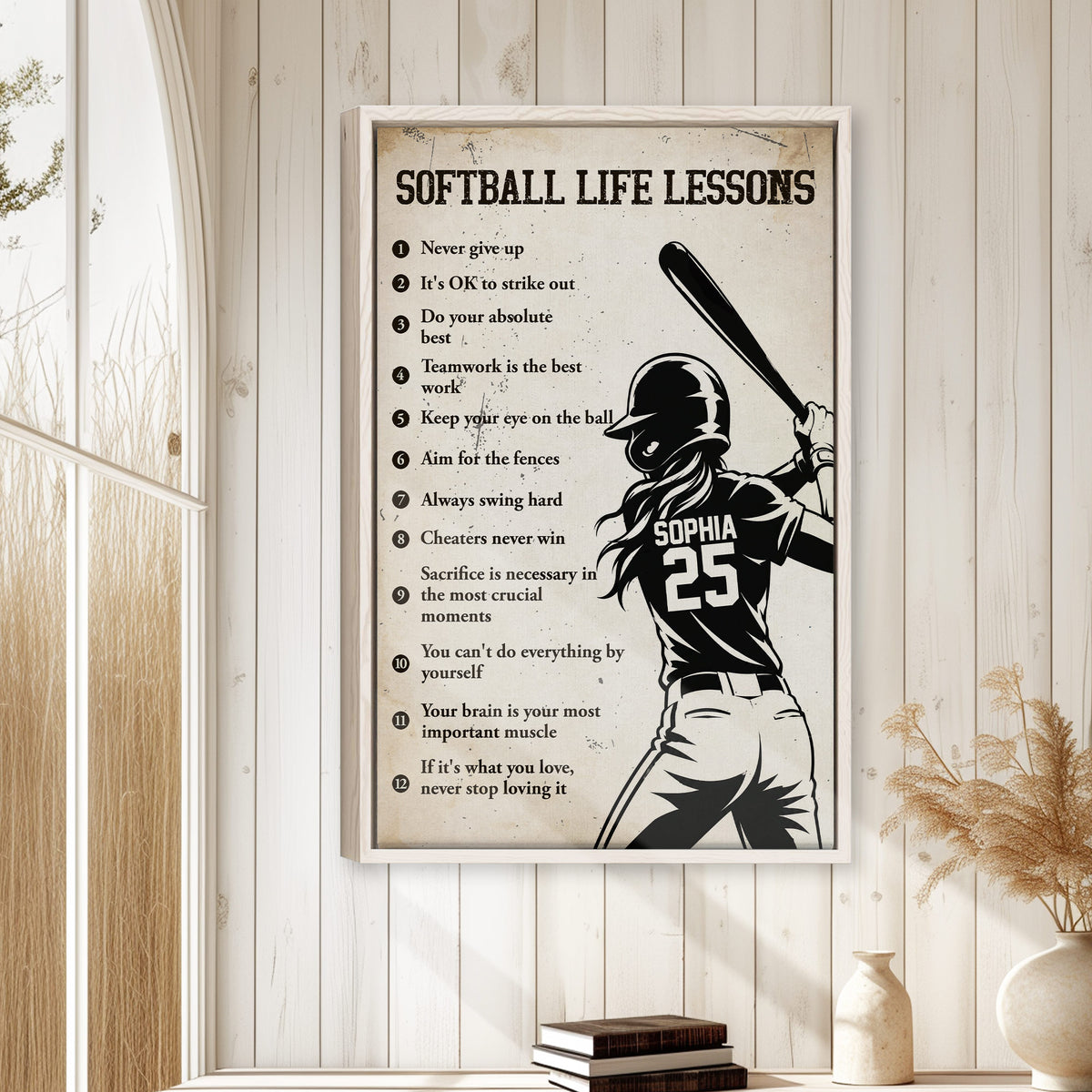Softball life lessons wall art displayed in a bright room with white paneling and natural wood decor