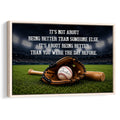 Framed baseball wall art showing a glove, baseball, and bat on a stadium field