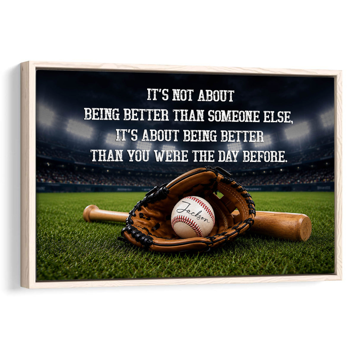 Framed baseball wall art showing a glove, baseball, and bat on a stadium field