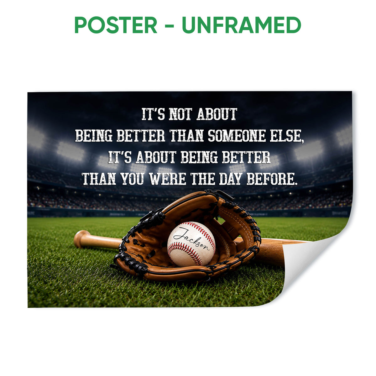 Unframed baseball poster featuring a glove, baseball, bat, stadium lights, and field