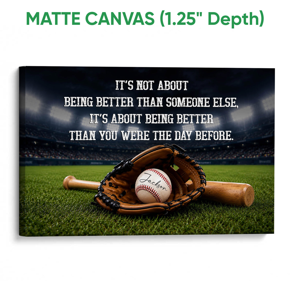 Matte canvas baseball wall art displayed with a stadium field and sports message