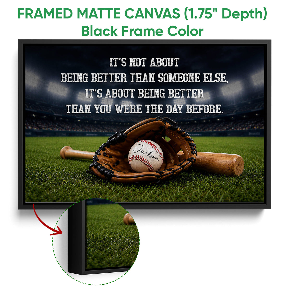 Black framed baseball canvas wall art with a glove, bat, ball, and stadium background
