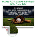White framed baseball canvas wall art showing a glove, baseball, bat, and stadium field