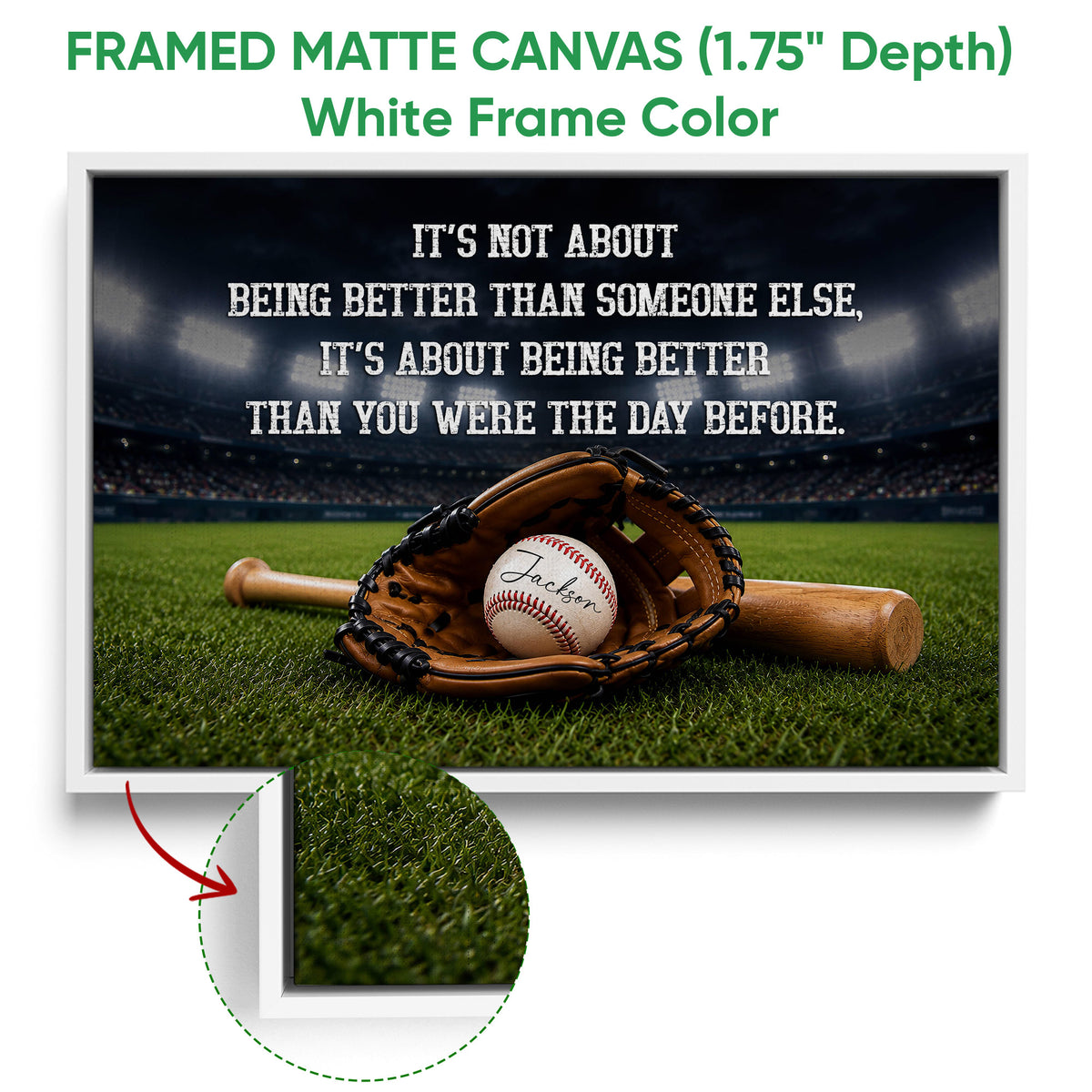 White framed baseball canvas wall art showing a glove, baseball, bat, and stadium field