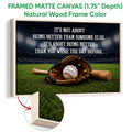 Natural wood framed baseball wall art with glove, bat, baseball, and stadium scene