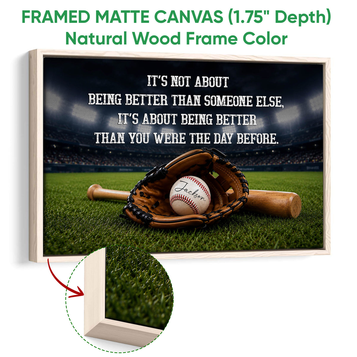 Natural wood framed baseball wall art with glove, bat, baseball, and stadium scene