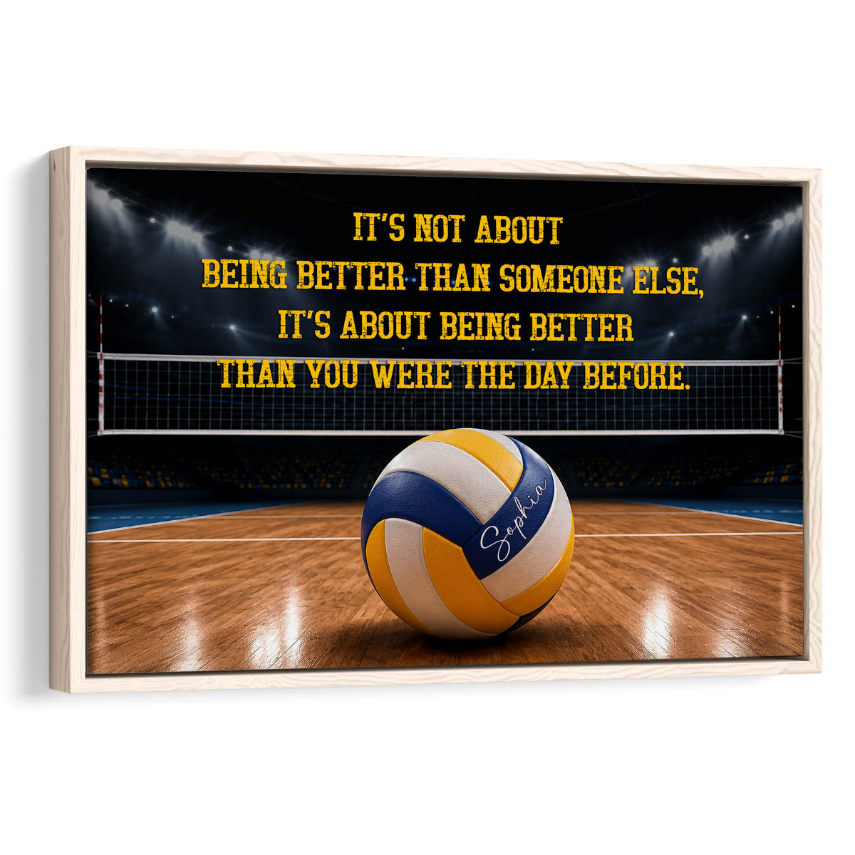 Framed volleyball wall art with a motivational message, volleyball net, and ball on an indoor court