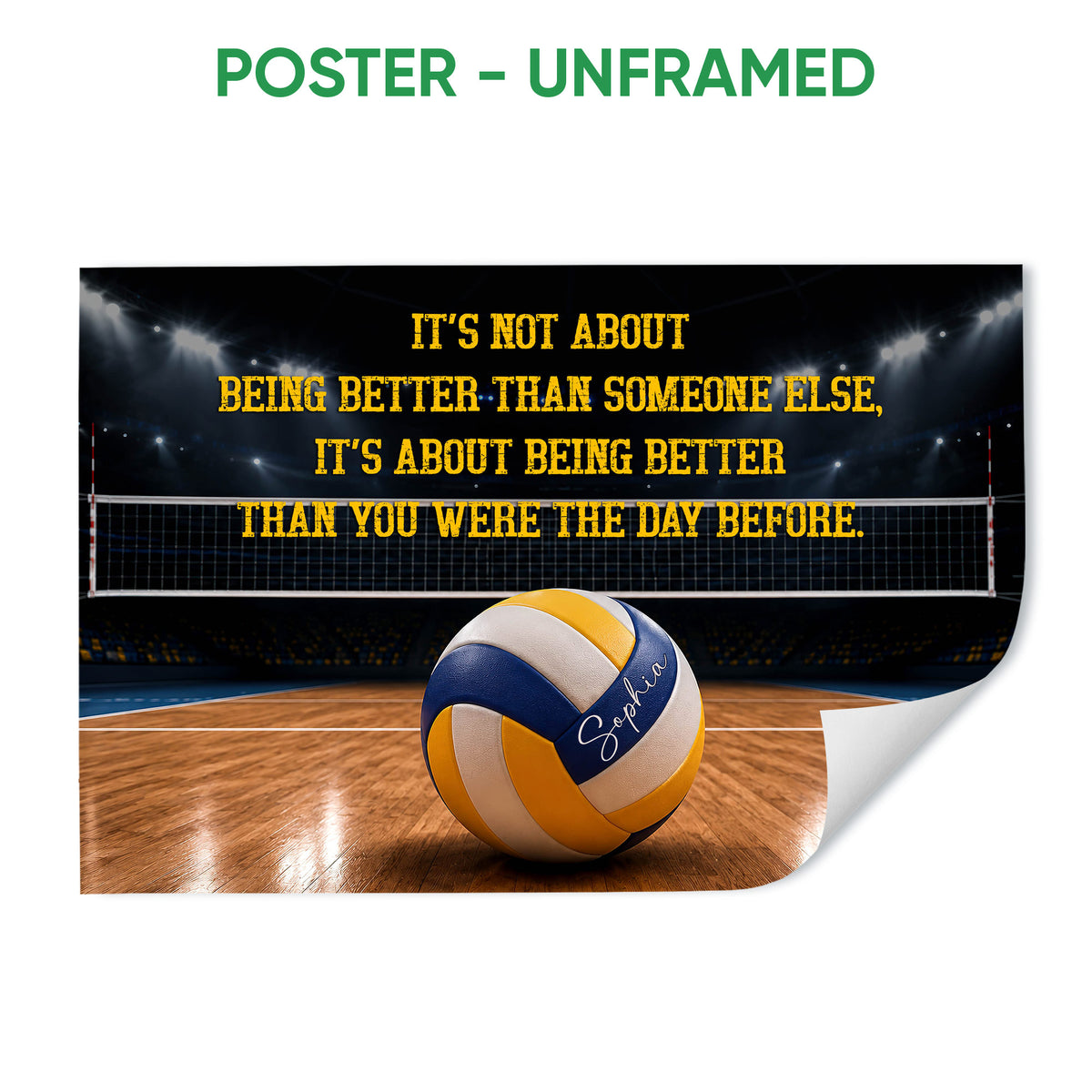 Unframed volleyball poster featuring a motivational design, indoor court, net, and volleyball