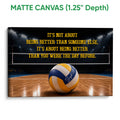 Matte canvas volleyball wall art with motivational typography, court lights, net, and volleyball