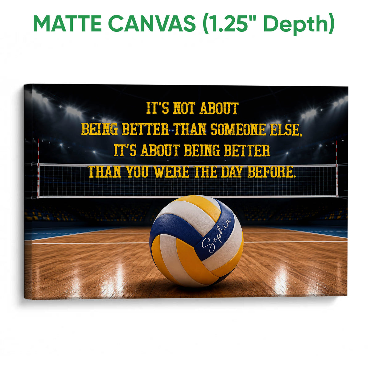 Matte canvas volleyball wall art with motivational typography, court lights, net, and volleyball