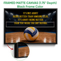 Framed volleyball canvas wall art shown with a black frame and detailed court scene