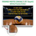 Framed volleyball canvas wall art shown with a white frame and indoor court design