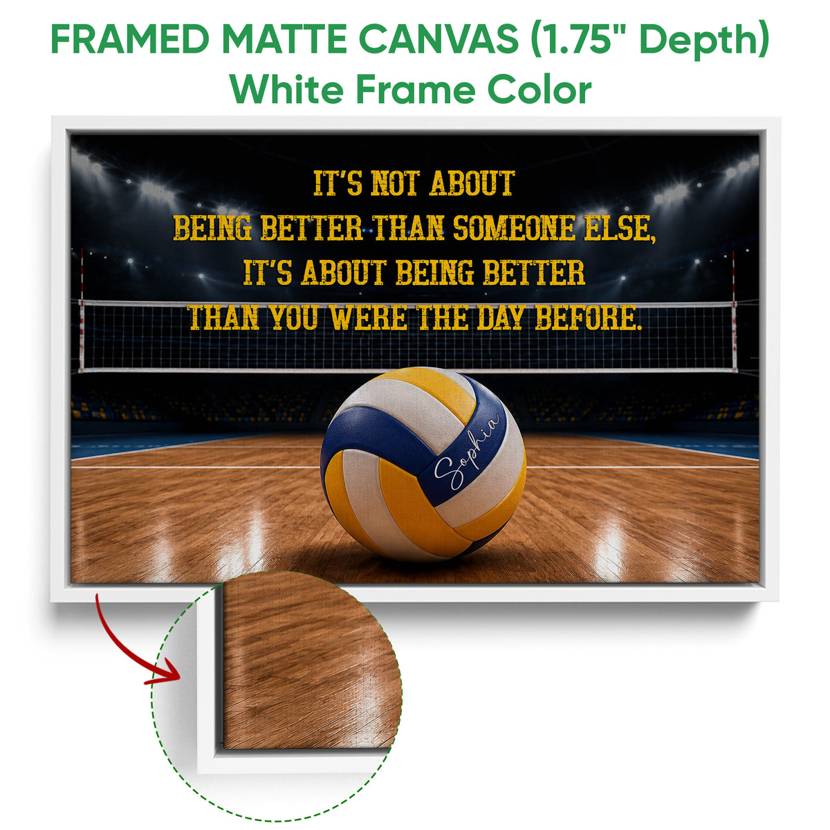 Framed volleyball canvas wall art shown with a white frame and indoor court design