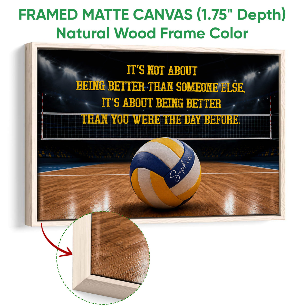 Framed volleyball canvas wall art shown with a natural wood frame and motivational sports design
