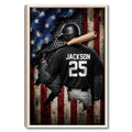 Framed baseball wall art featuring a batter with helmet and bat against a textured red, white, and blue background