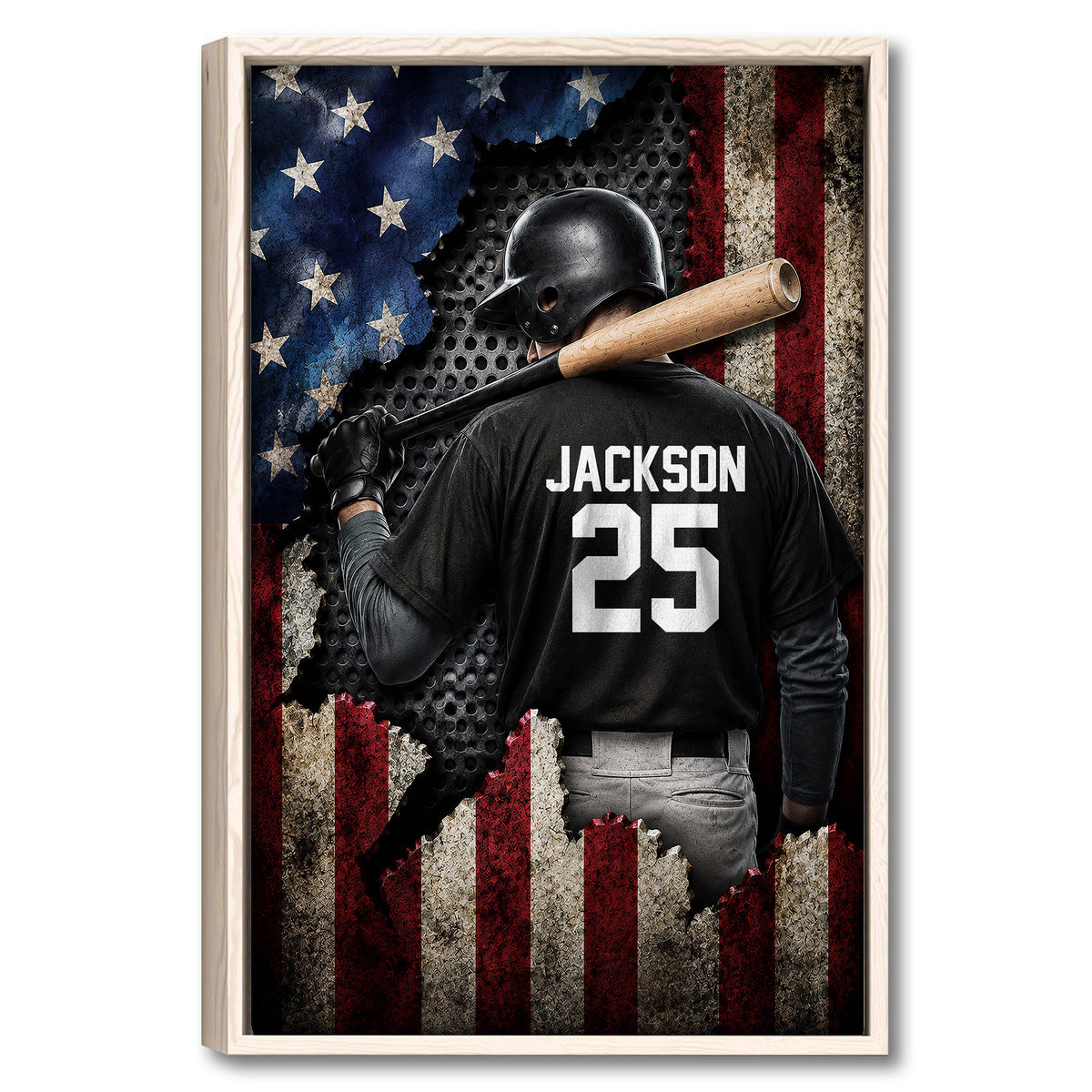 Framed baseball wall art featuring a batter with helmet and bat against a textured red, white, and blue background