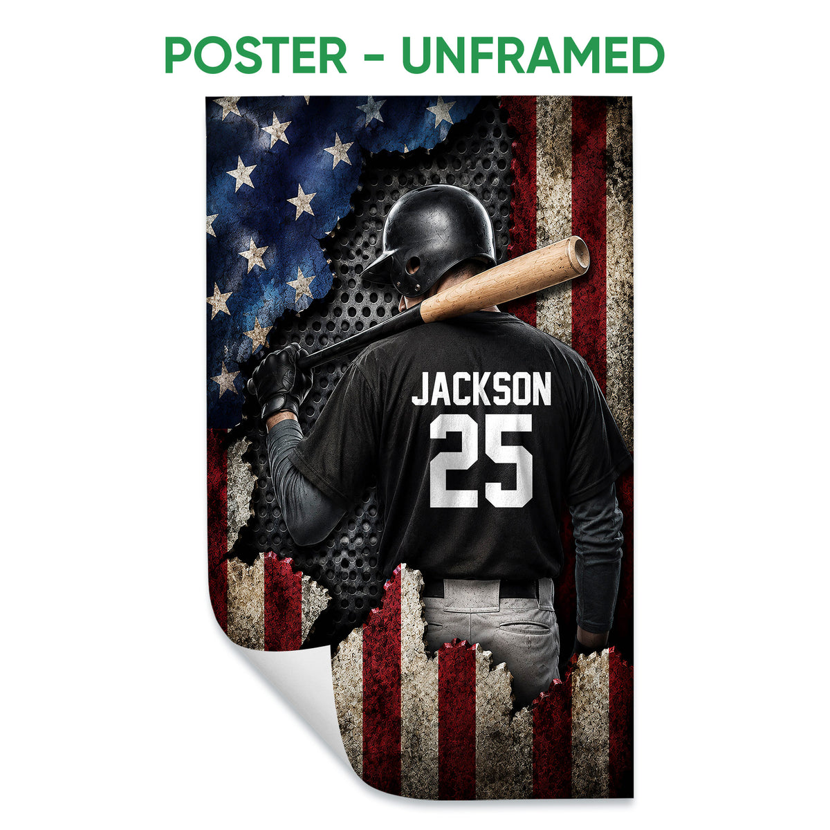 Unframed baseball poster showing a helmeted batter holding a bat against a distressed red, white, and blue design
