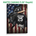 Matte canvas baseball wall art featuring a helmeted batter, bat, stars, and textured red and blue stripes