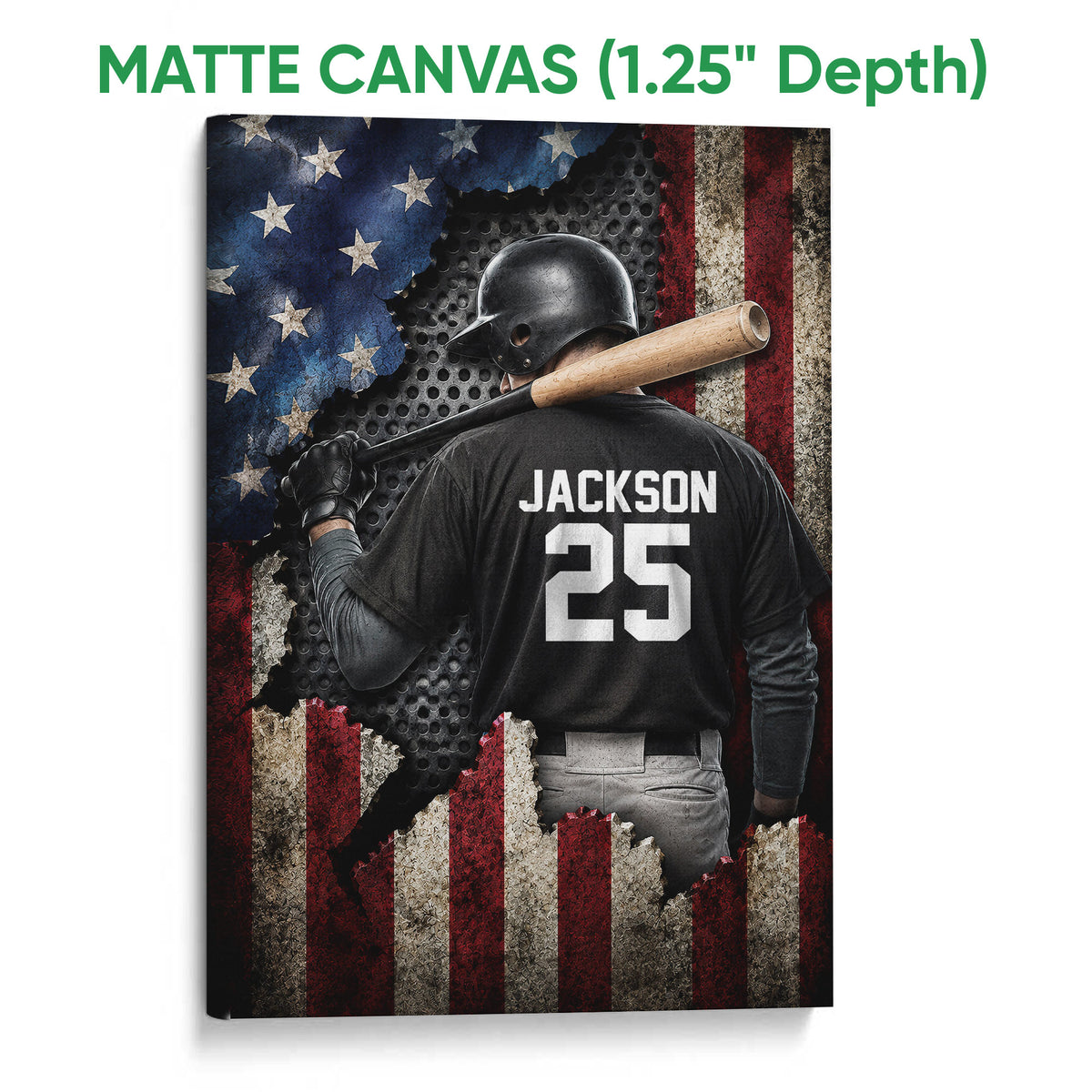 Matte canvas baseball wall art featuring a helmeted batter, bat, stars, and textured red and blue stripes