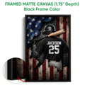 Framed baseball canvas wall art shown with a black frame and close-up view of the frame edge