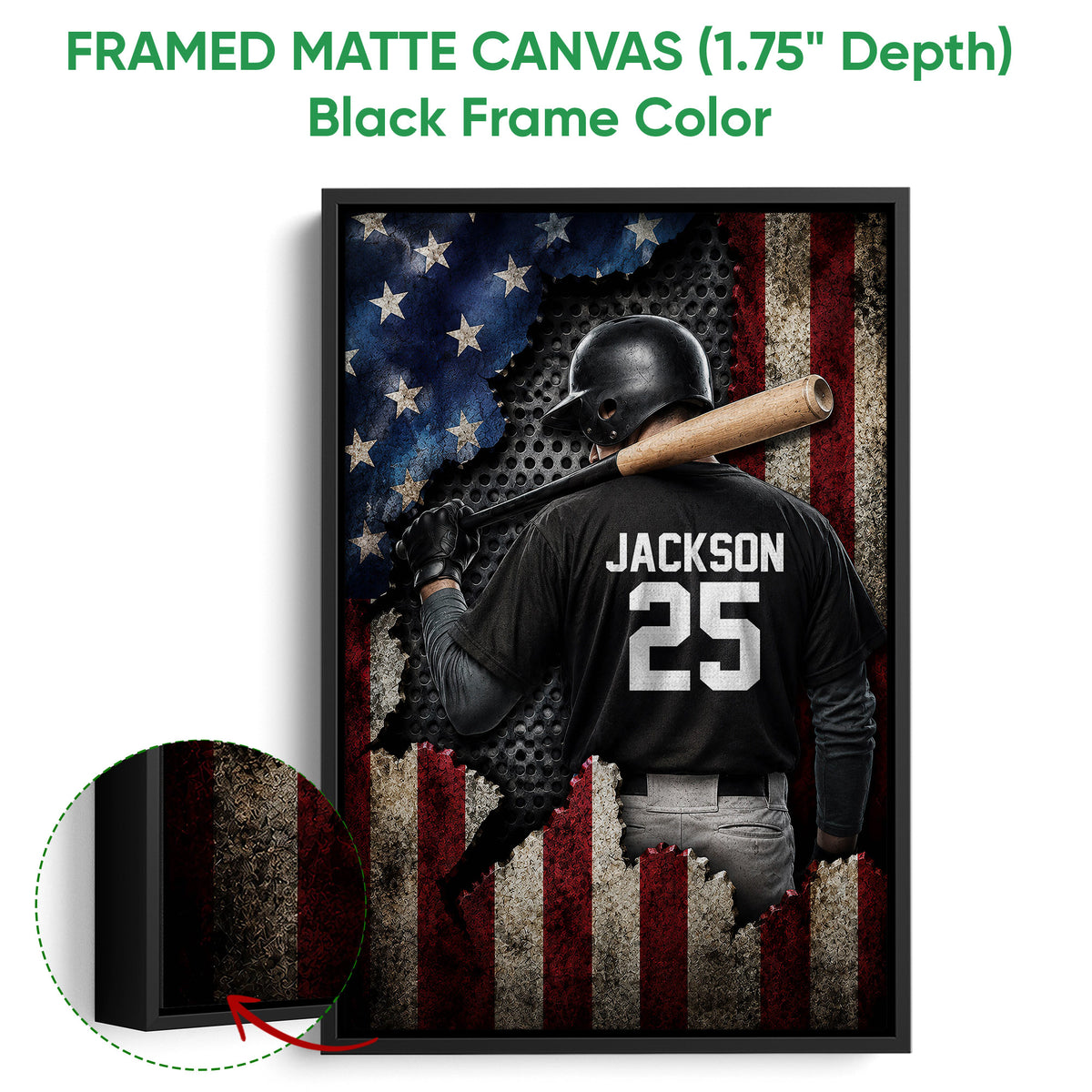 Framed baseball canvas wall art shown with a black frame and close-up view of the frame edge