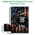 Framed baseball canvas wall art shown with a white frame and close-up view of the frame edge